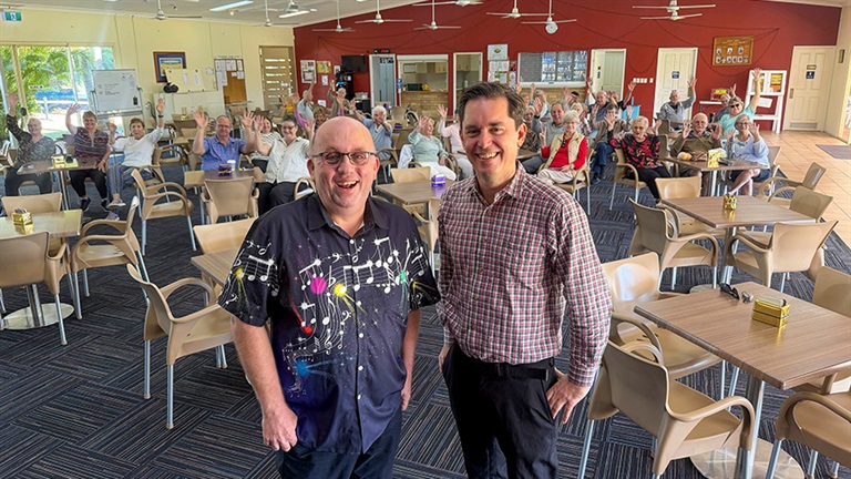Fraser Coast Mayor George Seymour with local musican Jeffrey Dover from Just Us Duo